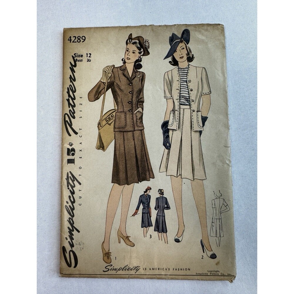 1940s Vintage Simplicity 4289 Gore Pleat Skirt Jacket Suit Set Sewing Pattern